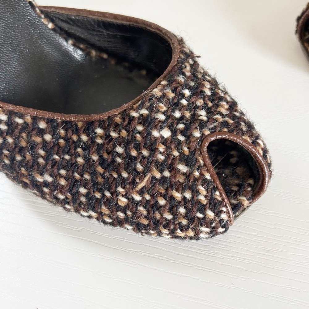 Prada Vintage Brown Tweed Peep Toe Heels Sculpted Heel Size EU 37.5 - Picture 7 of 10